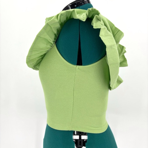 Zara NWT Pear Green Ruffled Off-the-Shoulder Ribbed Crop Top, Medium - Picture 7 of 15